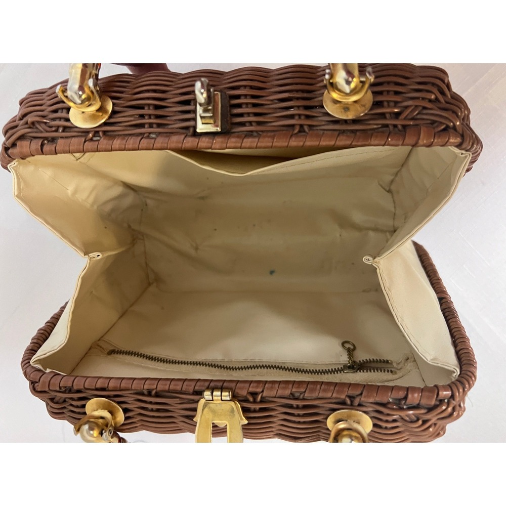 Walborg Wicker Handbag Women Small Brown Good Vintage Beaded Handle Rhinestone - Picture 7 of 12